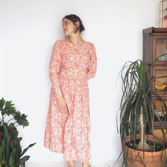 80's Laura Ashley Pink Floral Long Sleeve Dress