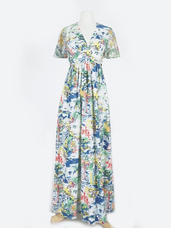 White Landscape Hawaiian Print Maxi Dress