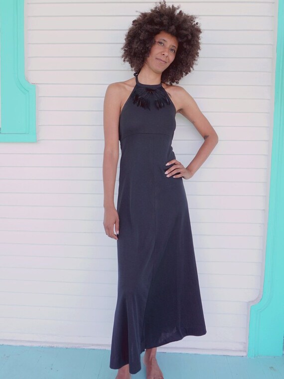 70's Black Feather Halter Dress