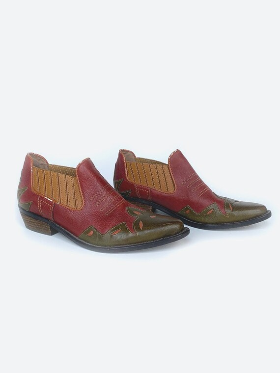 Red & Green Leather Ankle Boots
