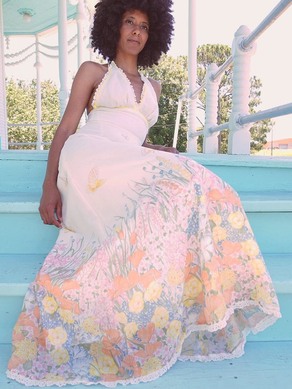 70's Cream Halter Butterfly Dress