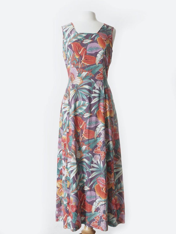 Purple Tropical Print Silk Dress
