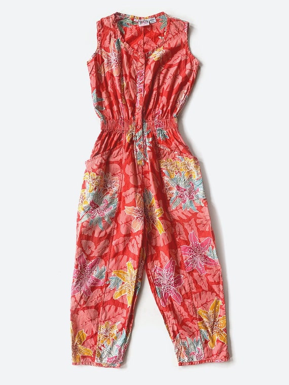 Red Tropical Print Sleeveless Jumpsuit