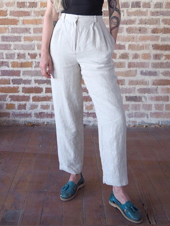High Waisted Beige Linen Pants