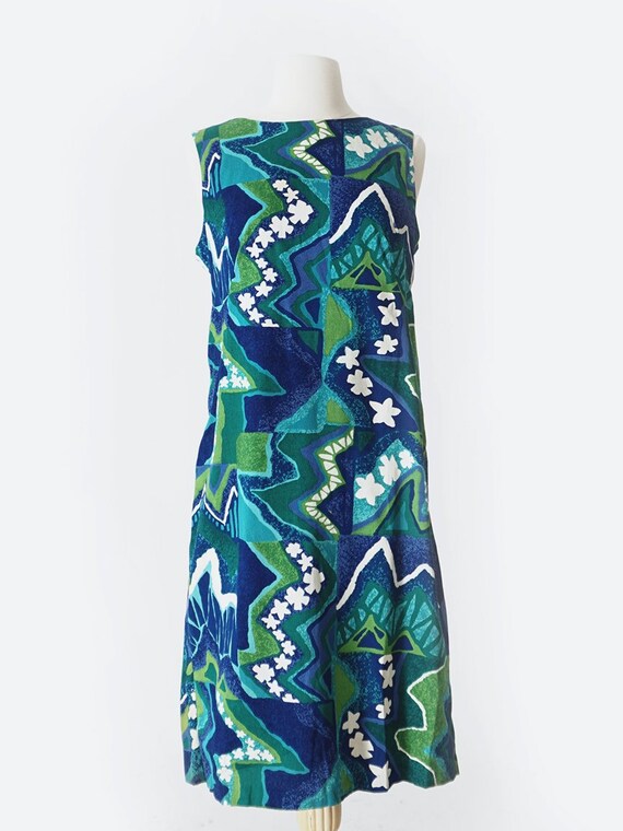 60's Blue & Green Hawaiian Sleeveless Mini Dress