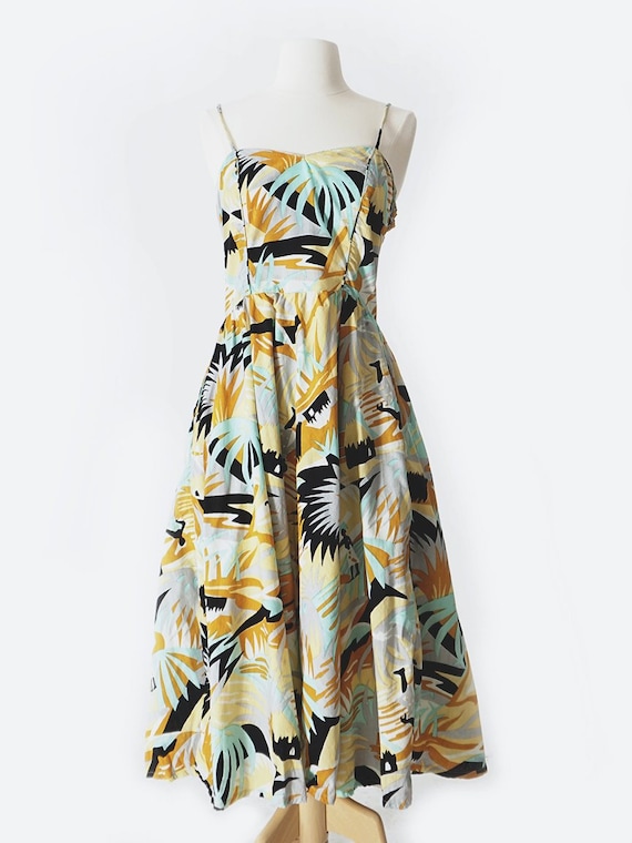 Ochre & Blue Cotton Tropical Print Dress