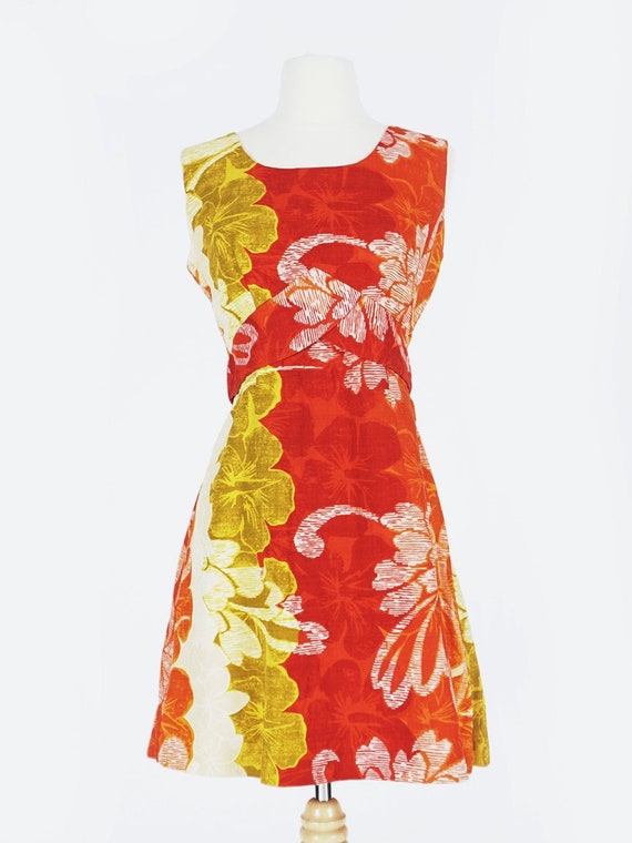 60's Orange Hawaiian Print Mini Dress