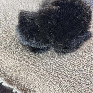 Puede incluir: Primer plano de una pata de gato negra, con pelaje y garras visibles. La pata descansa sobre una superficie beige texturizada, probablemente una toalla o manta. La imagen resalta la textura y el contraste de color.