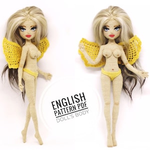 May include: A crocheted doll with blonde hair, blue eyes, and red lips, wearing a yellow bikini and yellow crocheted wings. The doll's body is beige. Text on the image reads "ENGLISH PATTERN PDF DOLL'S BODY."