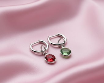 Personalized Birthstone Huggie Earrings • Silver Hoop Earrings • Anniversary Gift • Mother’s Day Gift