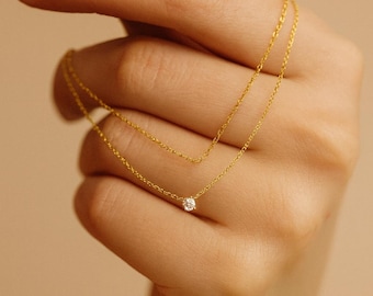 Gold Dainty Cubic Zirconia Pendant Necklace • Minimalist Elegant Everyday Jewelry • Anniversary Gift • Mother’s Day Gift