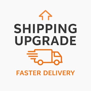May include: An orange and black graphic with the words "SHIPPING UPGRADE" above the words "FASTER DELIVERY". An orange arrow points up, and an orange truck with speed lines is to the left.