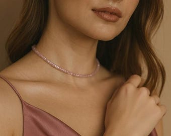 Rose Quartz Necklace & Bracelet Set • Dainty Pink Gemstone Jewelry • Minimal Matching Set • Anniversary Gift • Mother’s Day Gift