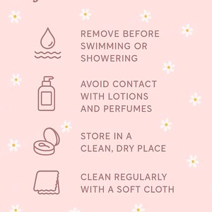 May include: A pink graphic with the text "JEWELRY CARE" and instructions for jewelry maintenance. The instructions include removing jewelry before swimming or showering, avoiding contact with lotions and perfumes, storing in a clean, dry place, and cleaning regularly with a soft cloth.