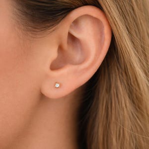 以下が含まれることがあります： 小さな金のスタッドピアスが付いた耳のクローズアップ。ピアスには、1つの透明な宝石が付いています。肌の色は白く、髪は明るい茶色です。