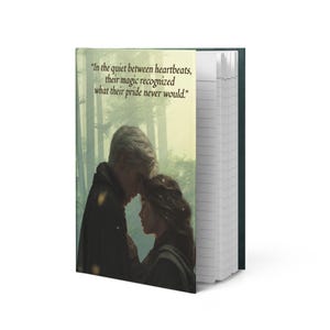 Könnte beinhalten: Ein Hardcover-Notizbuch mit einer Illustration einer Waldszene mit einem Paar. Auf dem Einband steht das Zitat: "In der Stille zwischen Herzschlägen erkannte ihre Magie, was ihr Stolz nie getan hätte." Das Notizbuch hat linierte Seiten.