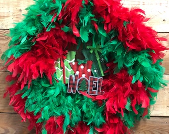 Christmas Wreath, Holiday Wreath, Red and Green Wreath, Noel Wreath, Merry Christmas Wreath, Feather Wreath, Big Wreath, Xmas Wreath