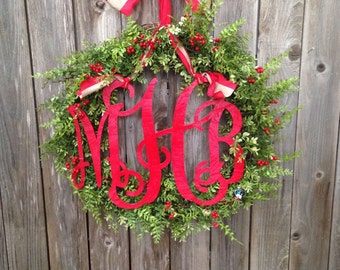 Monogram Wreath-Christmas Wreath-Boxwood Monogram Wreath-Faux Boxwood Wreath-Holiday Wreath-Holiday Boxwood Wreath-Red Berry Wreath