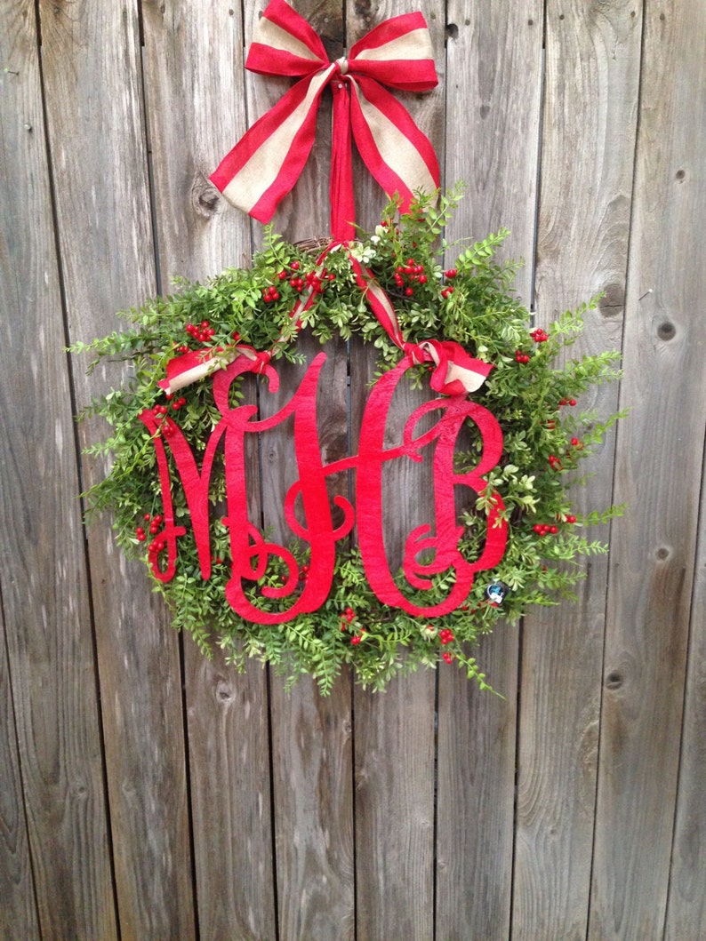 Monogram Wreath-Christmas Wreath-Boxwood Monogram Wreath-Faux Boxwood Wreath-Holiday Wreath-Holiday Boxwood Wreath-Red Berry Wreath