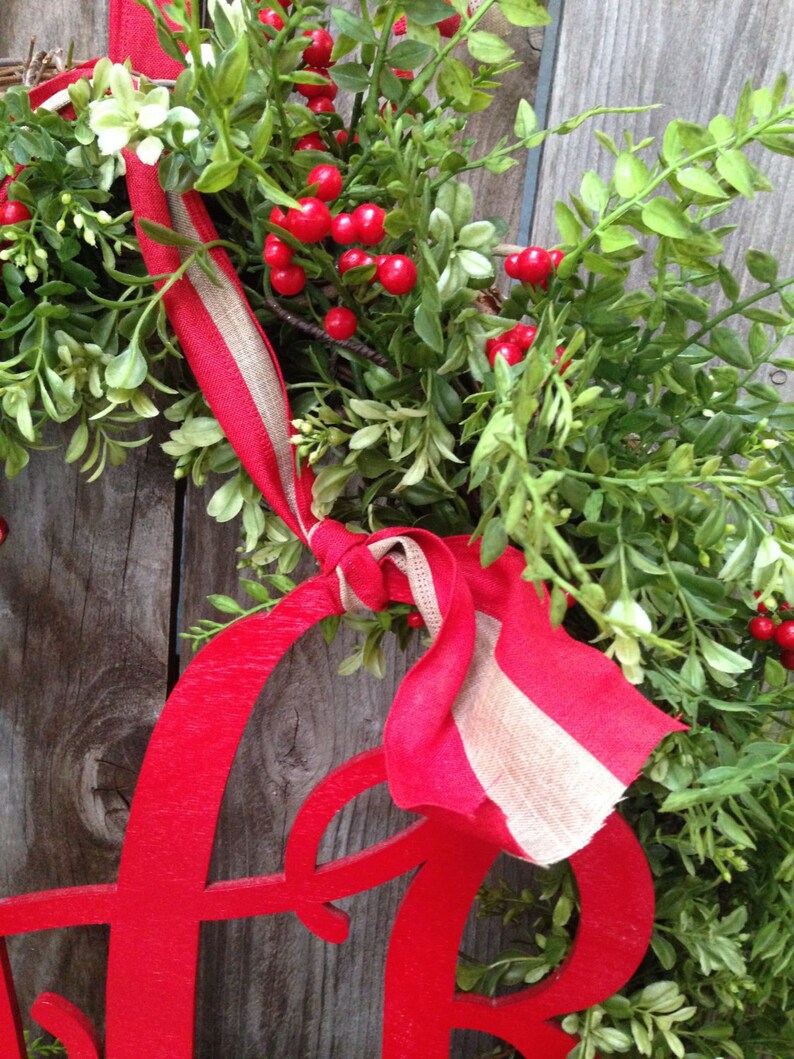 Monogram Wreath-Christmas Wreath-Boxwood Monogram Wreath-Faux Boxwood Wreath-Holiday Wreath-Holiday Boxwood Wreath-Red Berry Wreath