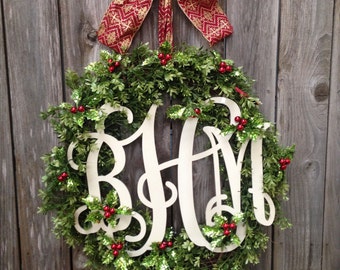 Monogram Wreath-Christmas Wreath-Boxwood Monogram Wreath-Faux Boxwood Wreath-Holiday Wreath-Holiday Boxwood Wreath-Mistletoe Wreath