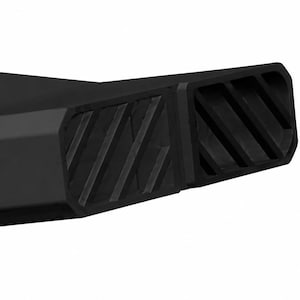 May include: A matte black automotive accessory featuring a tapered, angular design with a smooth top surface embossed with the word TUNDRA. The side profile displays two distinct rectangular sections, each containing a series of diagonal slats.