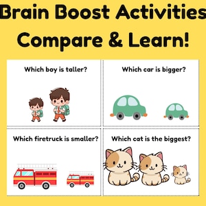 Peut inclure: Feuille d'activité éducative avec le texte "Brain Boost Activities Compare & Learn!". La feuille présente des illustrations posant des questions telles que "Quel garçon est le plus grand ?" sur fond jaune.