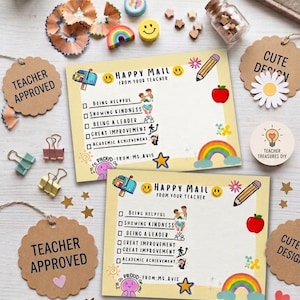 May include: Digital download of two "Happy Mail" cards with a teacher theme. The cards feature a checklist, a rainbow, and a pencil illustration. Additional elements include a "Teacher Approved" tag and decorative accents.