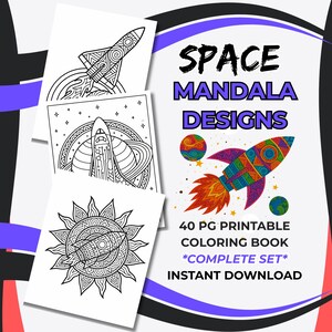 Space Themed Coloring Pages for Kids Ages 8-12 – Rocket and Planets, Mandala & Zentangle-Inspired Designs (Digital Download, Printable)