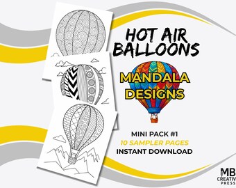Afdrukbare kleurplaten heteluchtballon voor kinderen van 8-12 jaar | Op mandala's en zentangle geïnspireerde miniverpakking 1 (10 pagina's) | Direct downloaden