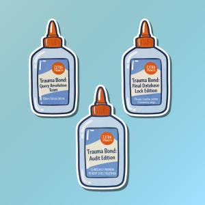 May include: Three stickers resembling glue bottles with orange caps and blue labels. The labels read "Trauma Bond" with different subtexts: "Query Resolution Team," "Final Database Lock Edition," and "Audit Edition." The stickers have a white border on a light blue background.