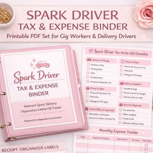 Puede incluir: Carpeta rosa de impuestos y gastos con el texto "Spark Driver Tax & Expense Binder". Incluye una lista de verificación de deducciones fiscales, etiquetas organizadoras de recibos y un rastreador mensual de gastos. Para trabajadores autónomos.