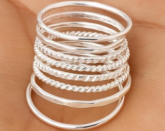 Handmade Sterling Silver Stacking Ring Set: Dainty Boho Bands, Set of 8