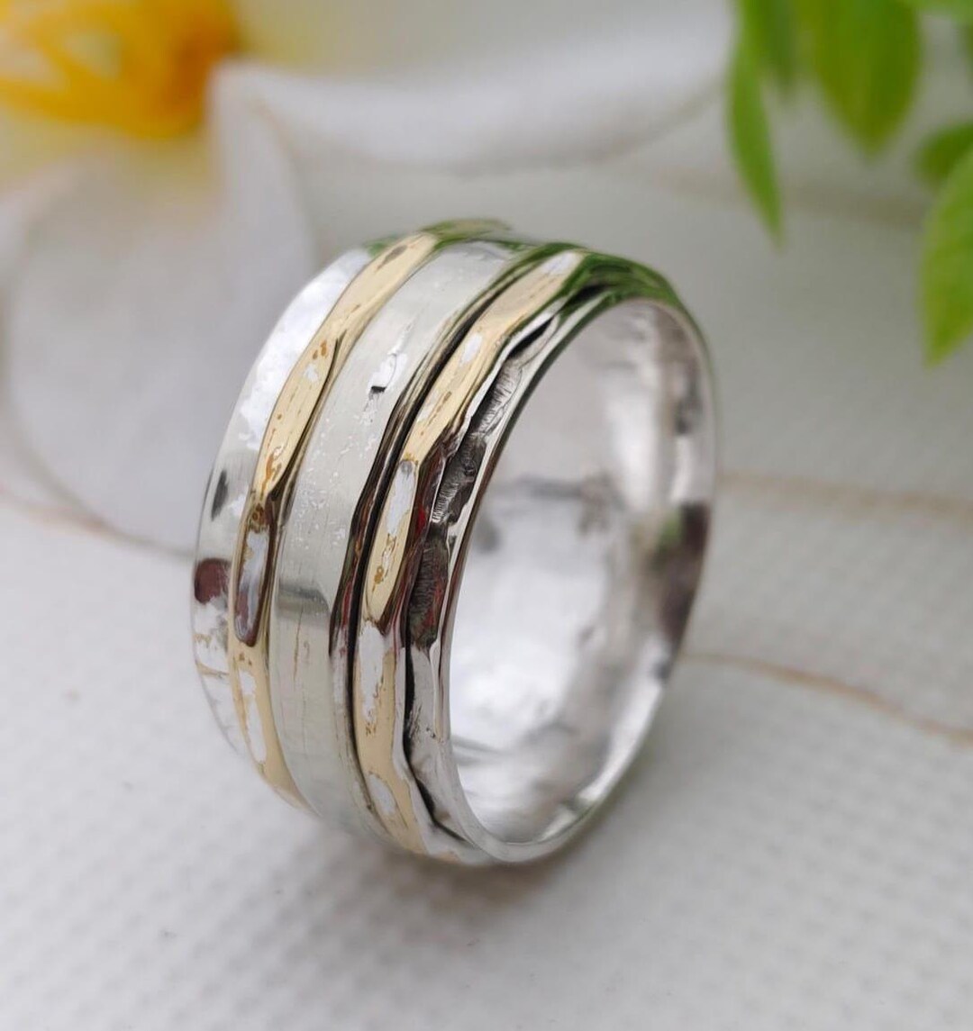 Sterling Silver Gold Spinner Ring: Wide Band Unisex Fidget Jewelry - Etsy