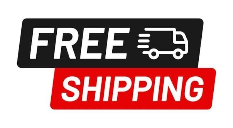 Pu&ograve; includere: Grafica con le parole "FREE SHIPPING" in testo bianco su sfondo nero e rosso. Un'icona di camion di consegna bianca &egrave; accanto alla parola "FREE".