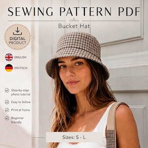 May include: A digital sewing pattern PDF for a bucket hat featuring a beige and black houndstooth pattern. The text includes SEWING PATTERN PDF, Bucket Hat, DIGITAL PRODUCT, English, Deutsch, Step-by-step photo tutorial, Easy to follow, Print at home, Beginner friendly, and Sizes: S - L.