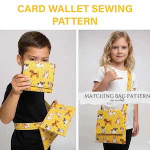 Puede incluir: Patrón de costura de cartera para tarjetas y bolso a juego de color amarillo con un estampado de perros. El texto "CARD WALLET SEWING PATTERN" está en la parte superior. El patrón de bolso a juego también está disponible.