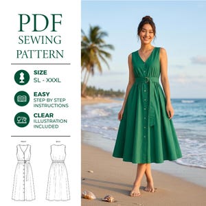 Könnte beinhalten: Ein PDF-Schnittmuster für ein ärmelloses, smaragdgrünes Midikleid mit V-Ausschnitt, durchgehender Knopfleiste und passendem Stoffgürtel mit D-Ring-Schnalle. Das Schnittmuster enthält Größen von SL bis XXXL, eine Schritt-für-Schritt-Anleitung sowie klare Illustrationen, die die Vorder- und Rückansicht des Kleidungsstücks zeigen.