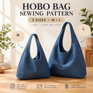 Può includere: Un cartamodello digitale per una borsa hobo in due taglie, M e L. L'immagine mostra due borse hobo in denim blu, una media e una grande. Il testo include HOBO BAG SEWING PATTERN, 2 SIZES M + L, PDF, STEP-BY-STEP, A0 + A4 + US LETTER LAYOUTS e 1 CM (3/8") SEAM ALLOWANCE.