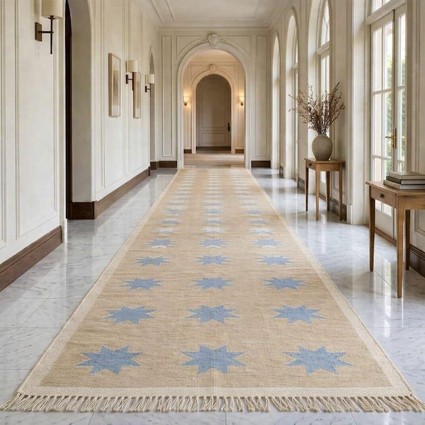 Hand Knotted Hallway Runner Rug, Beige Blue Star Wool Runner, Vintage Oushak Style Long Corridor Rug, Neutral Entryway Rug
