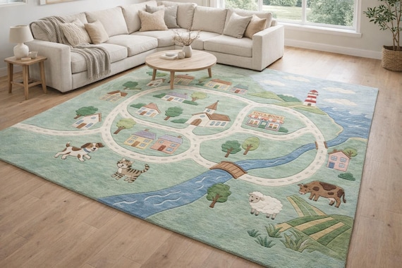 Kids Playroom Rug, Hand Tufted Village Road Map Rug, Pastel Nursery Area Rug, Animal Farm Rug, Custom Kids Bedroom Rug
