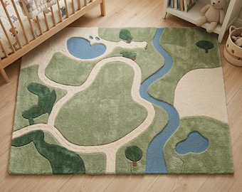 Hand Tufted Kids Rug, Green Nature Nursery Rug, Playroom Area Rug, Wool Landscape Rug, Modern Children's Room Decor