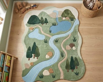 Hand Tufted Kids Rug, Woodland Nature Playroom Rug, River Landscape Area Rug, Green Nursery Rug, Nature-Inspired Kids Room Decor
