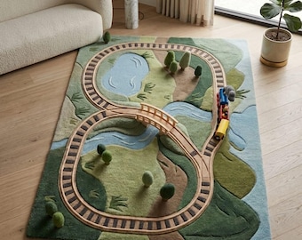 3D Hand Tufted Wool Train Track Rug, Interactive Kids Playroom Carpet, Carve Green Landscape Nursery Rug, Soft Wooden Train Play Area Rug