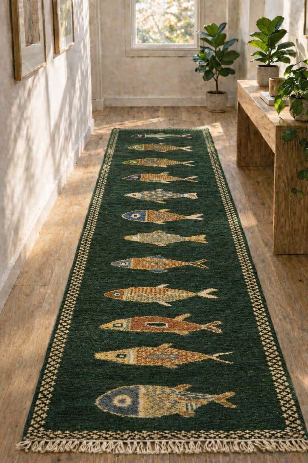 2x22 Fish Runner Rug, Handmade Wool Hallway Runner, Navy Blue Coastal ...