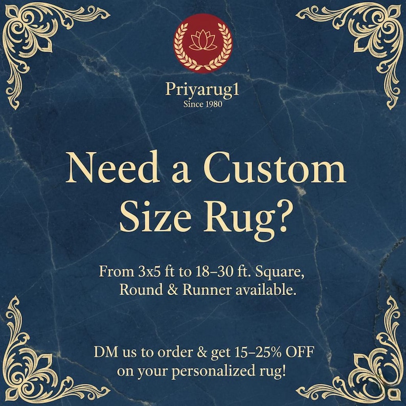 May include: Dark blue background with gold decorative corners and text. The text reads "Need a Custom Size Rug?" and "From 3x5 ft to 18-30 ft. Square, Round & Runner available."