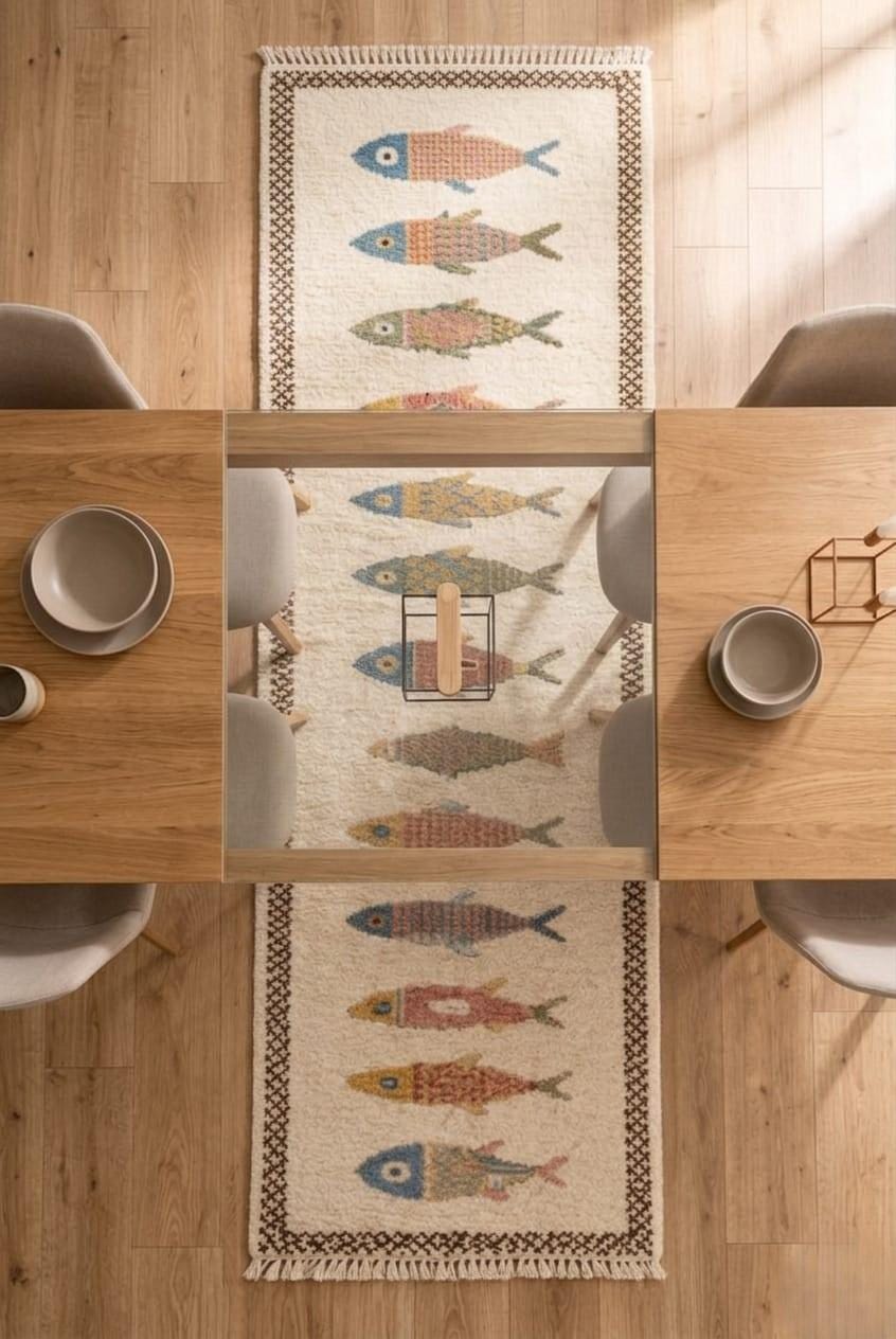 Fish Oushak Runner Rug | Handmade Wool Knotted Hallway Rug | Coastal ...