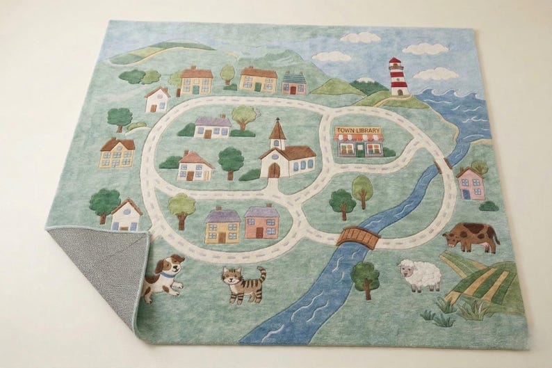 May include: A rectangular rug with a town map design. The rug features a road, houses, a church, a lighthouse, and a river. The rug also includes illustrations of a dog, cat, cow, and sheep. The words "TOWN LIBRARY" are visible.