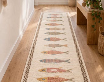 Fish Oushak Runner Rug | Handmade Wool Knotted Hallway Rug | Coastal Kitchen Runner | Boho Entryway Rug |  Nursery Decor