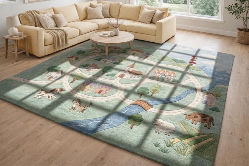 May include: A rectangular area rug with a town and road design. The rug features a light green background with a road, houses, a church, a lighthouse, and cartoon animals. The rug is placed on a hardwood floor.